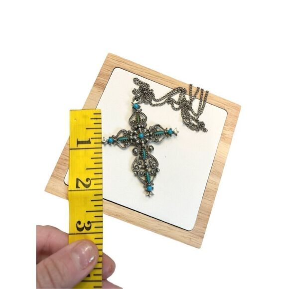 Signed Roma Cross Pendant Necklace Petit Point Faux Turquoise Christian Vintage - Picture 6 of 10